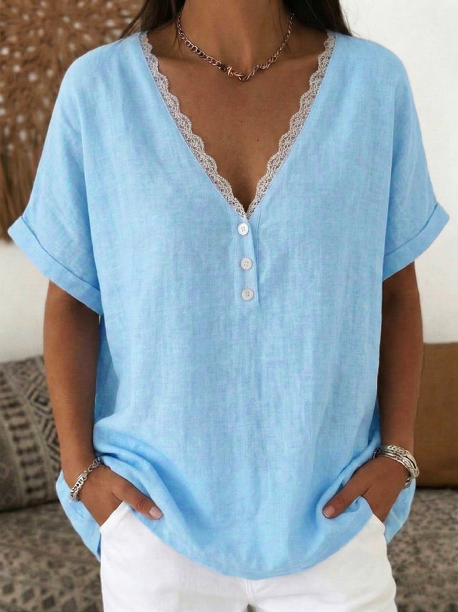 Casual Retro V-neck Lace Linen-cotton Shirt Blouse