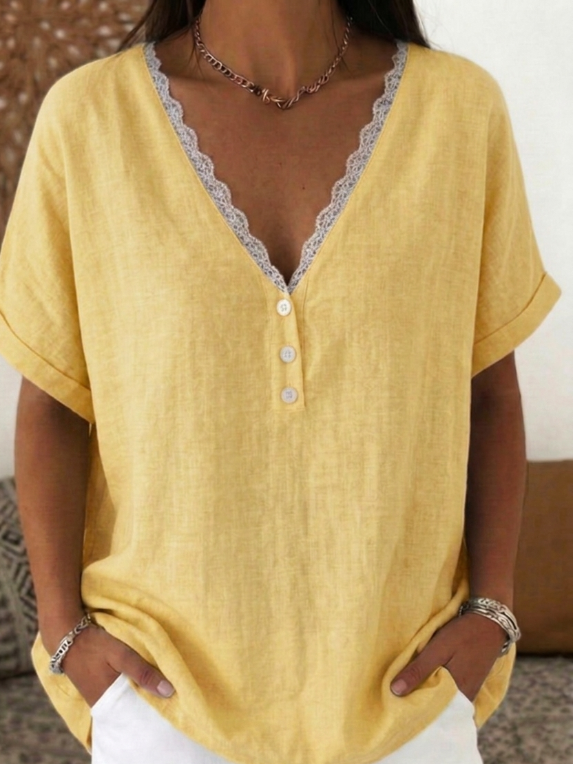 Casual Retro V-neck Lace Linen-cotton Shirt Blouse