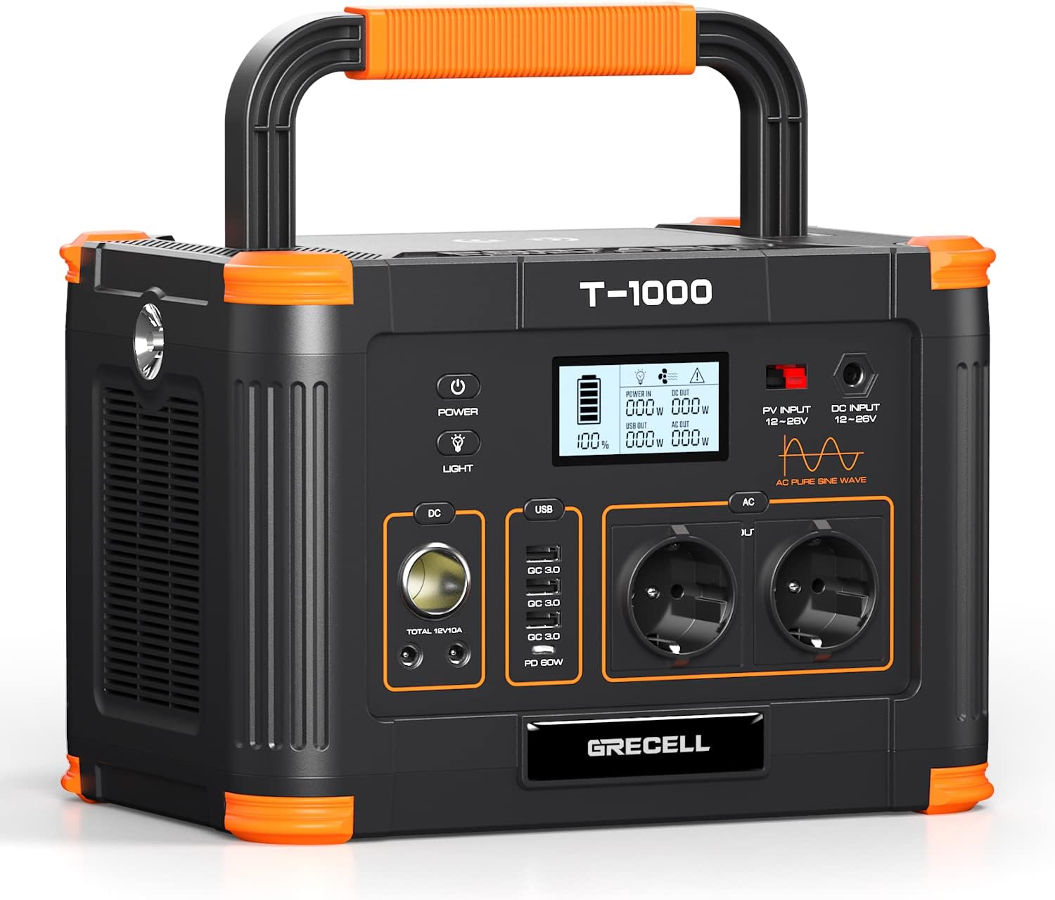 GRECELL Powerstation 1000W 999Wh Solargenerator tragbare Powerstation 10 Anschlüsse 2 AC USB-C 60W Camping Outdoor Notstrom-Cottauphaus