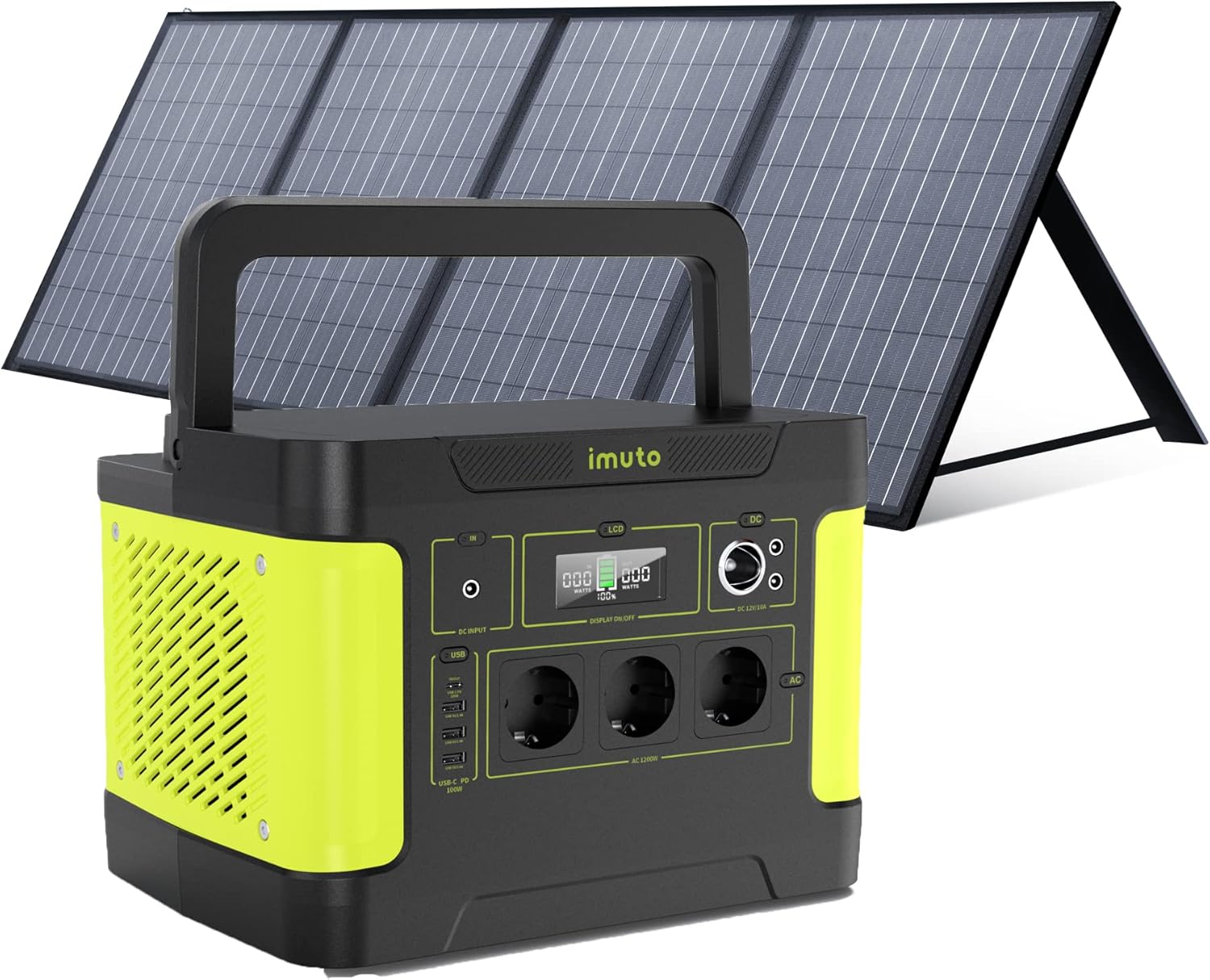 imuto Solargenerator 1531Wh Tragbare Powerstation 1200W Ausgang 2200W Spitze, inklusive 100W Solarpanel, 11 Anschlüsse, reiner Sinus AC Ausgang für Camping Wohnmobil Home Backup-Cottauphaus