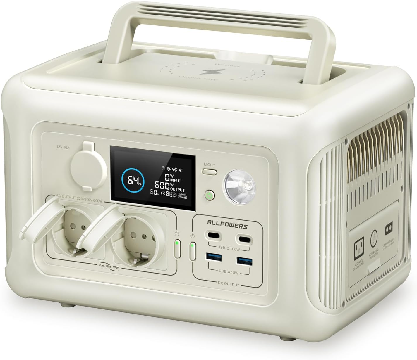 ALLPOWERS R600 Tragbare Powerstation 299Wh LiFePO4 Akku, 600W AC Ausgang 1200W Spitze, Schnellladung 0-100 Prozent in 1 Stunde, Solargenerator mit Wireless Charging für Camping Reise Notstrom-Cottauphaus