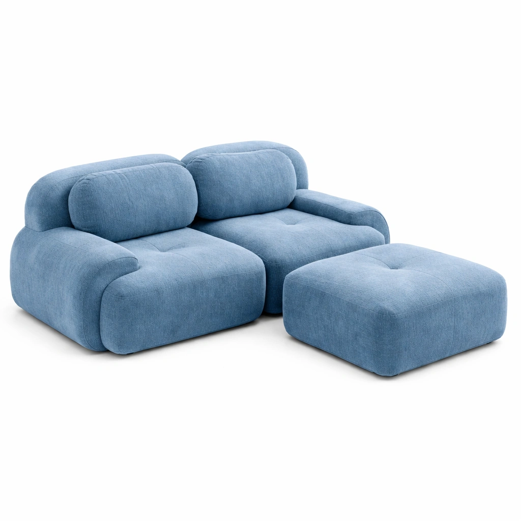 Canap modulable tissu bleu avec pouf-CasaveraLiving