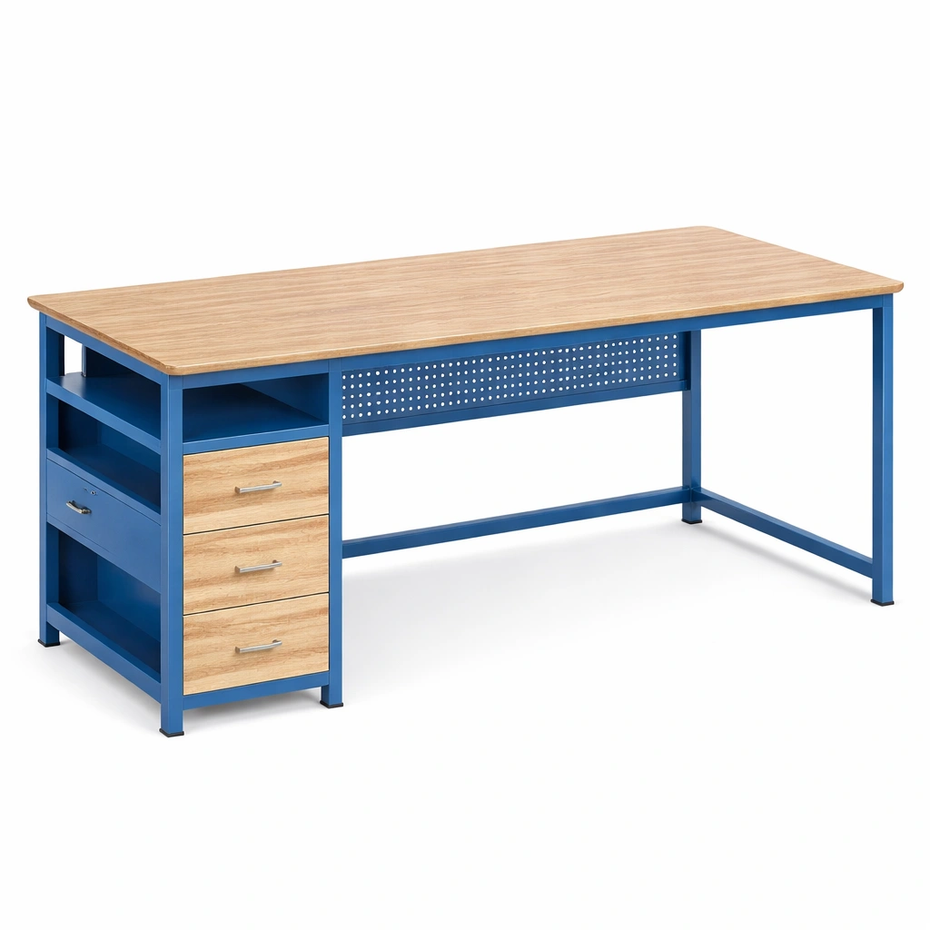 Bureau droit avec tiroirs bois et cadre bleu-CasaveraLiving