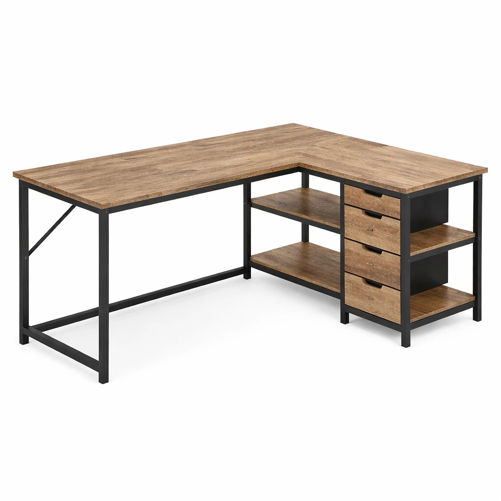 Bureau angle industriel bois fonc-CasaveraLiving