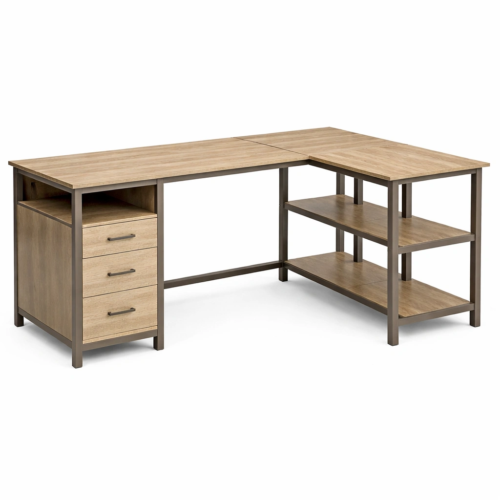 Bureau angle bois clair avec tagres-CasaveraLiving