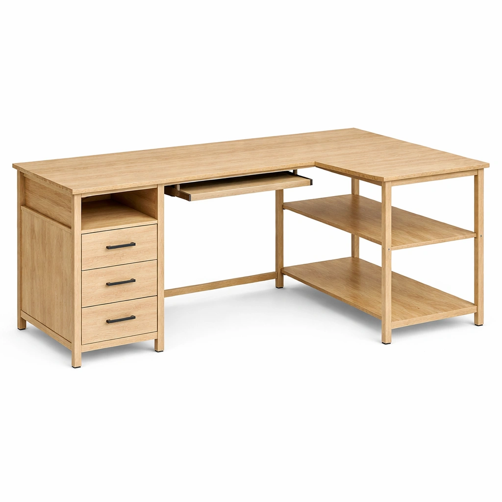 Bureau angle bois naturel avec tablette-CasaveraLiving