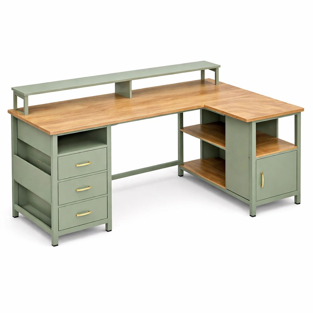 Bureau angle vert avec rangement latral-CasaveraLiving