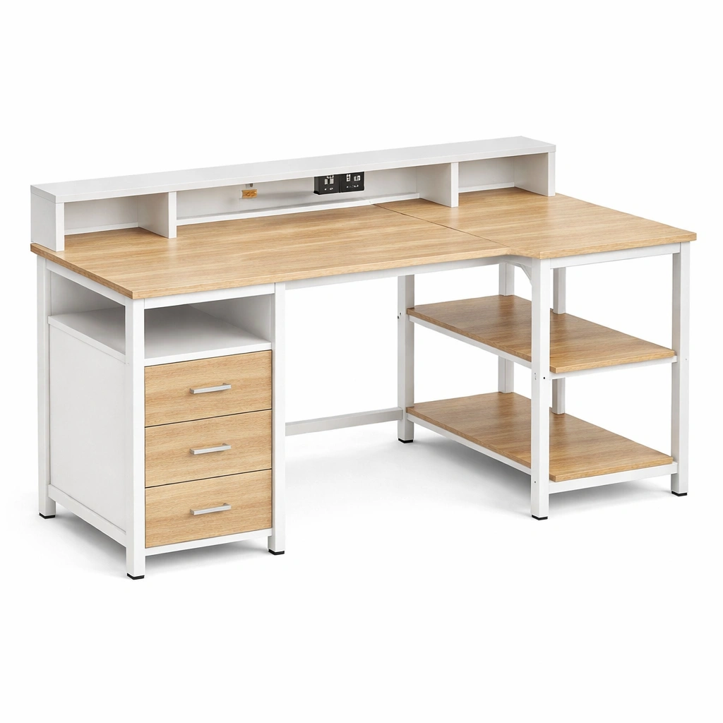 Bureau angle blanc avec tagres et tiroirs-CasaveraLiving
