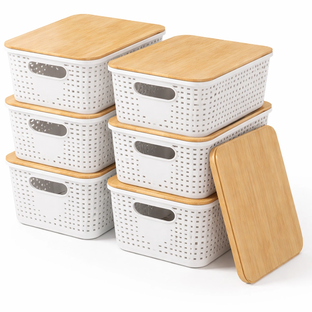 Bo?tes de rangement blanches avec couvercle bois lot de six-CasaveraLiving