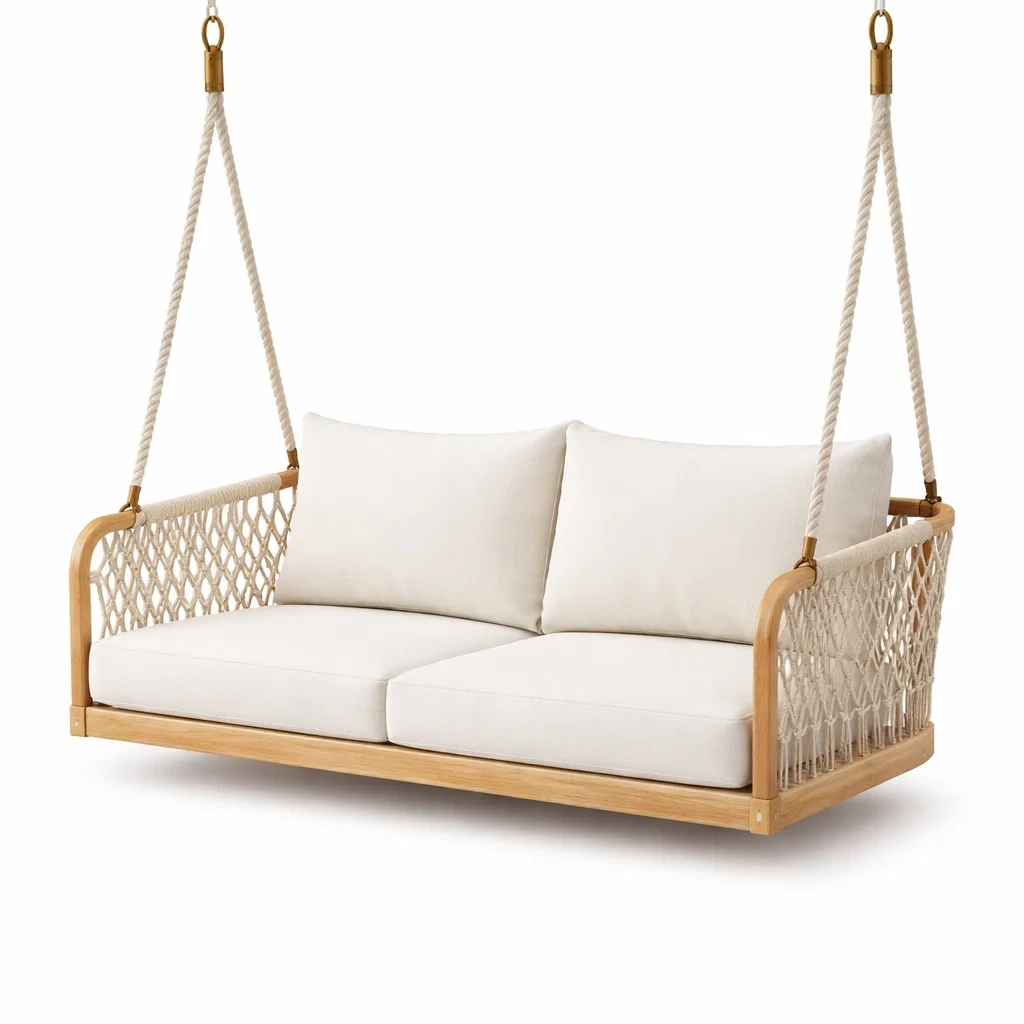 Balancelle de porche en bois et coton avec coussins en polyester blanc-DWELLMEADOW
