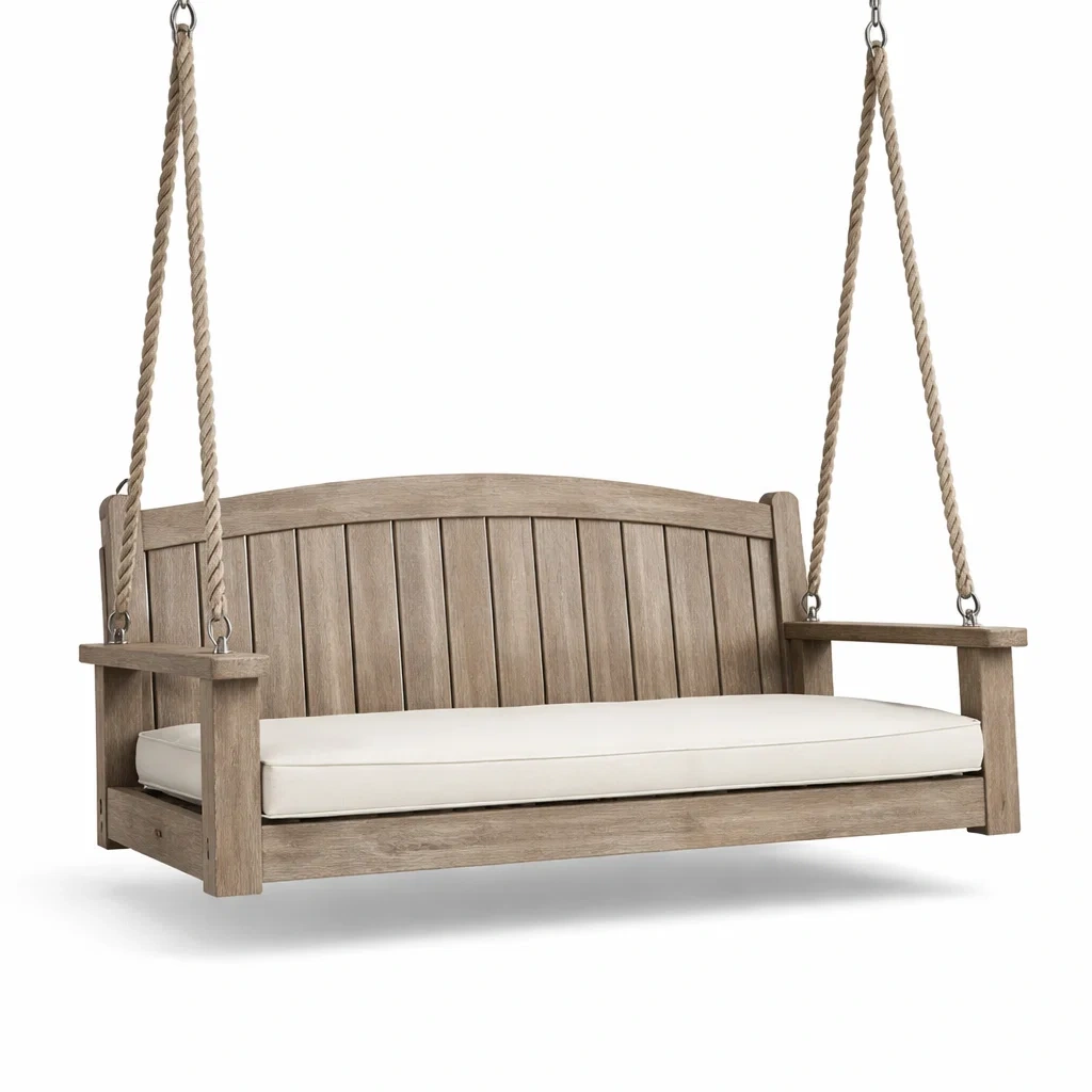 Balancelle de porche en bois d'acacia avec coussin crème-DWELLMEADOW