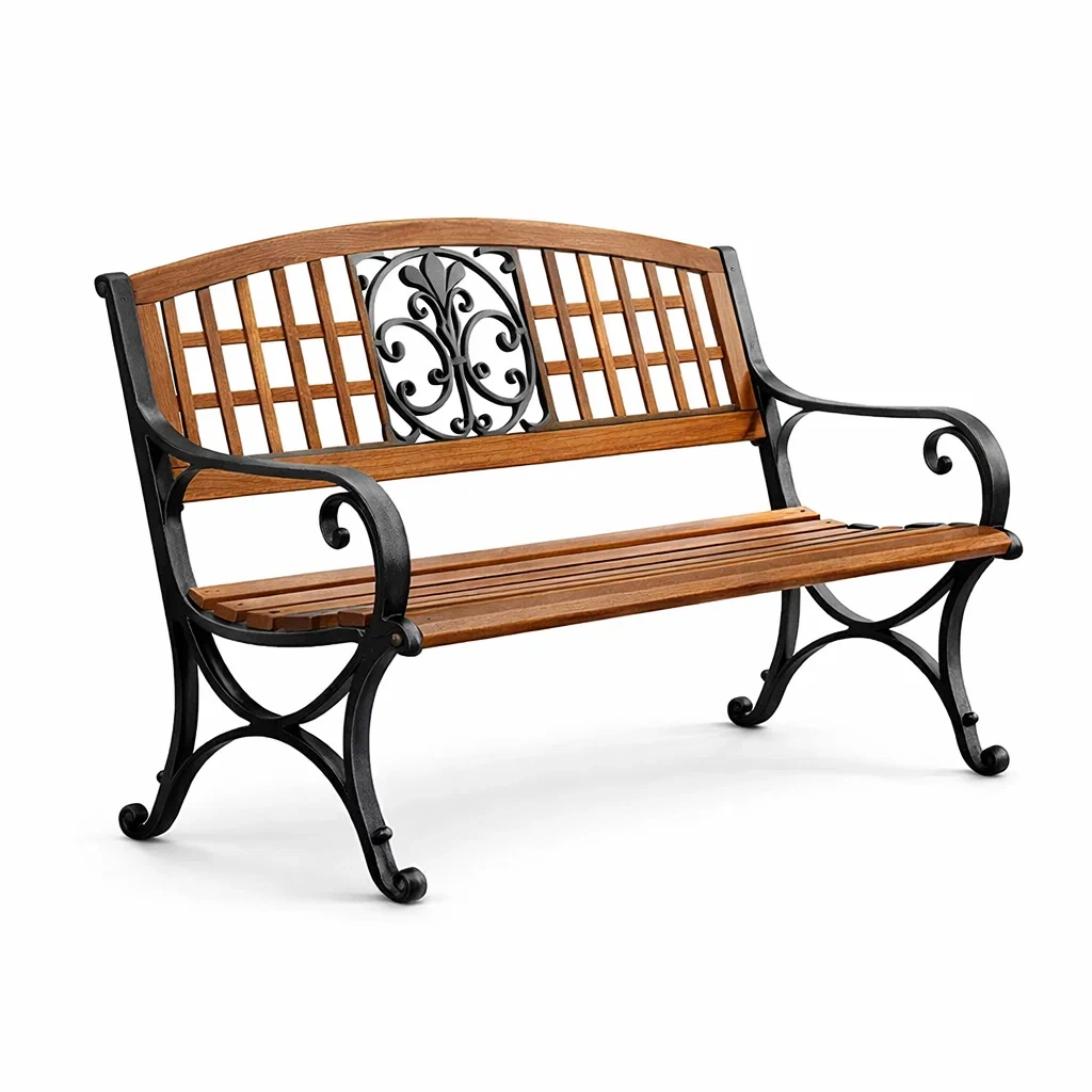 Banc de jardin en bois d'acacia et fer forgé avec motif décoratif-DWELLMEADOW
