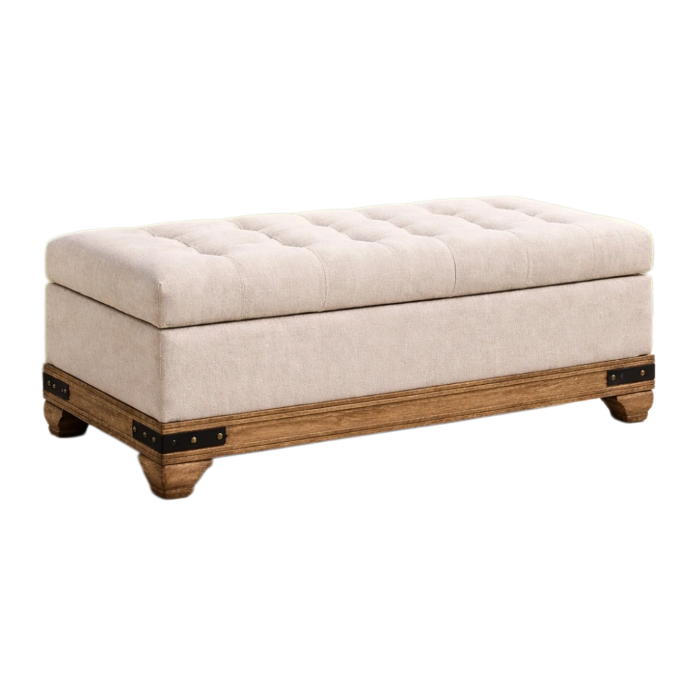 Banc de rangement rectangulaire en tissu et bois beige-HOMEMODERNY