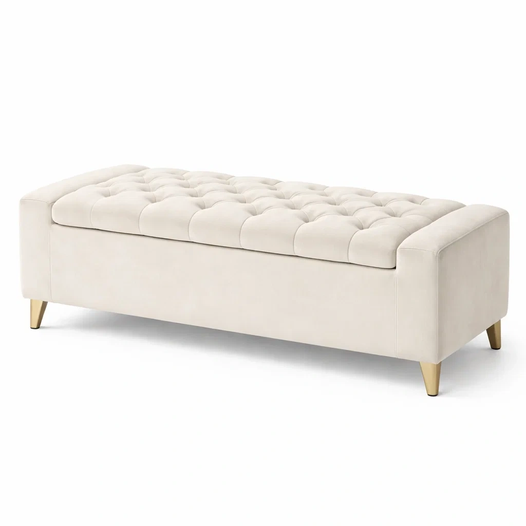 Banc de rangement en velours beige avec pieds en métal-NESTARTISAN
