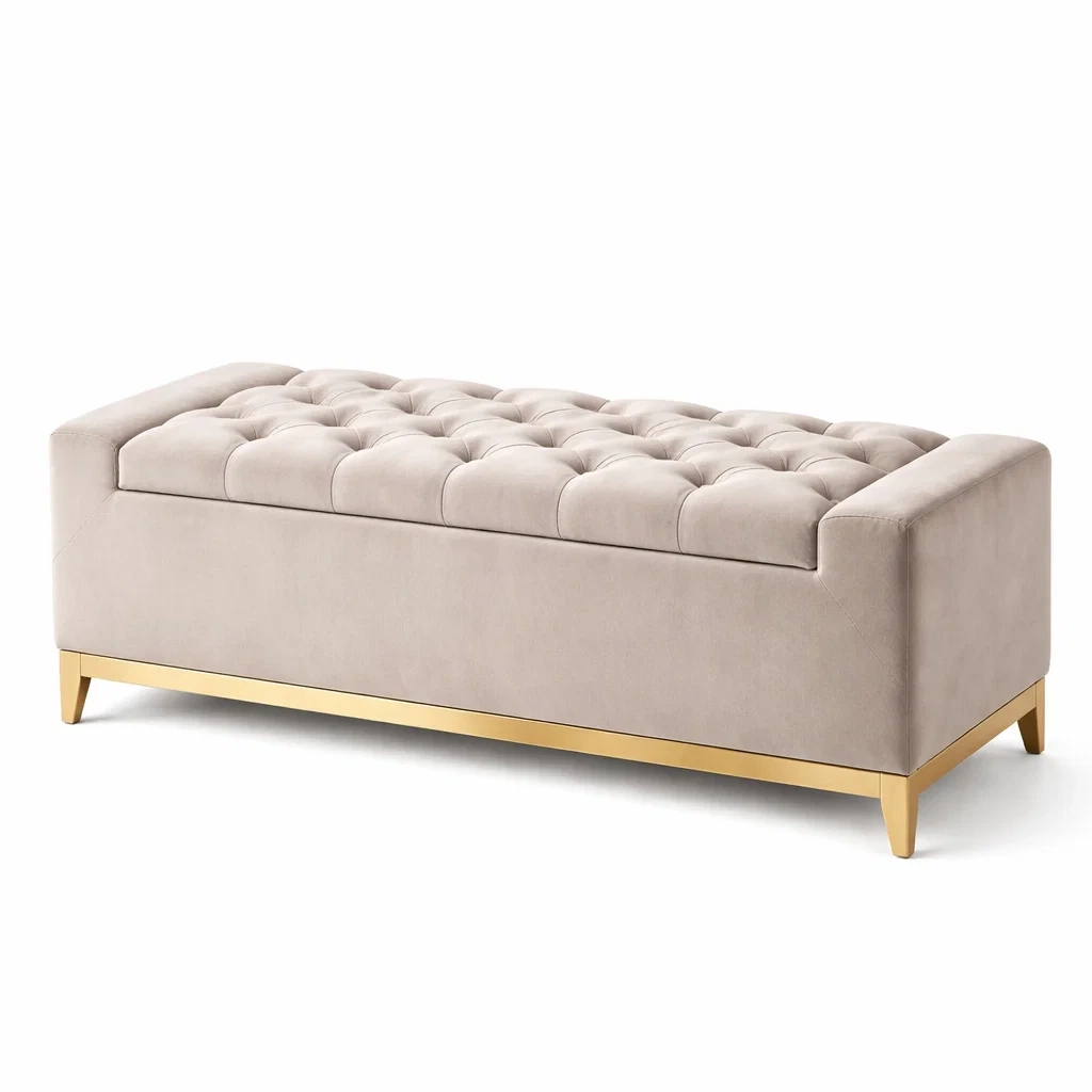 Banc de rangement en velours beige avec pieds en métal doré-NESTARTISAN