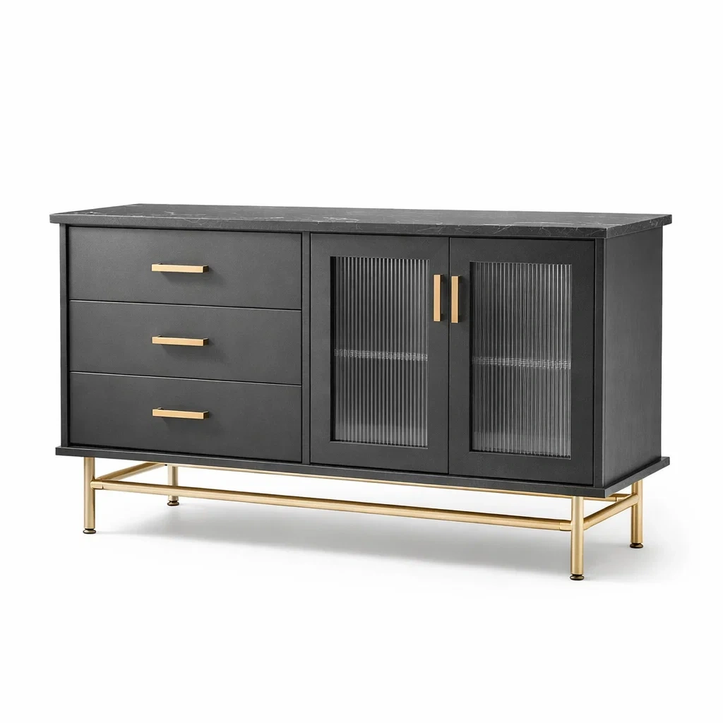 Buffet en bois MDF avec portes en verre cannelé et pieds en métal-NESTARTISAN