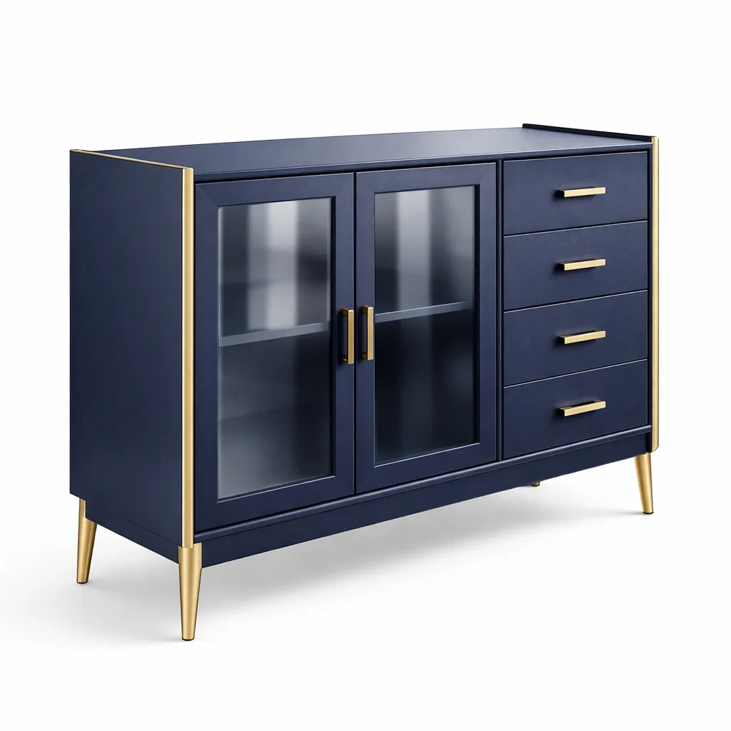 Buffet en MDF avec portes en verre trempé et tiroirs dorés-NESTARTISAN