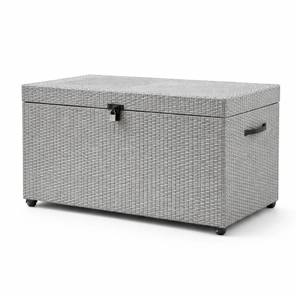 Coffre de rangement en rotin synthétique gris avec roues 120 x 60 x 50 cm-livoraehome