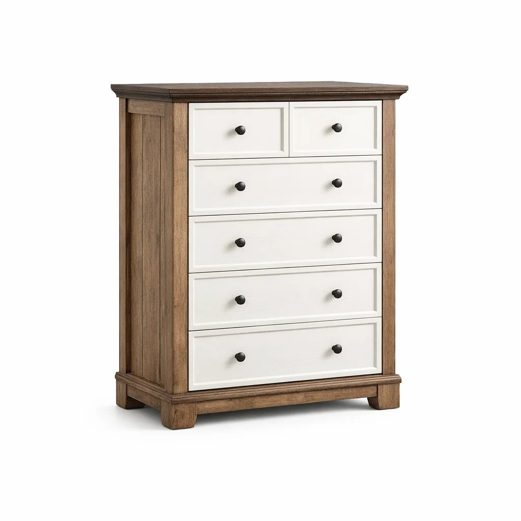 Commode en bois avec 6 tiroirs blancs et chêne-livoraehome