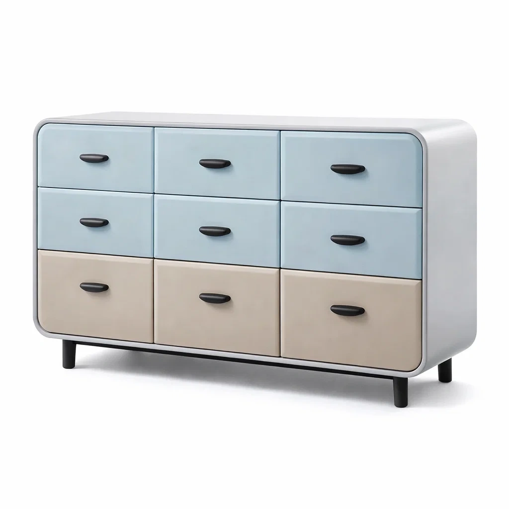 Commode en bois MDF bleu et beige avec 9 tiroirs-livoraehome