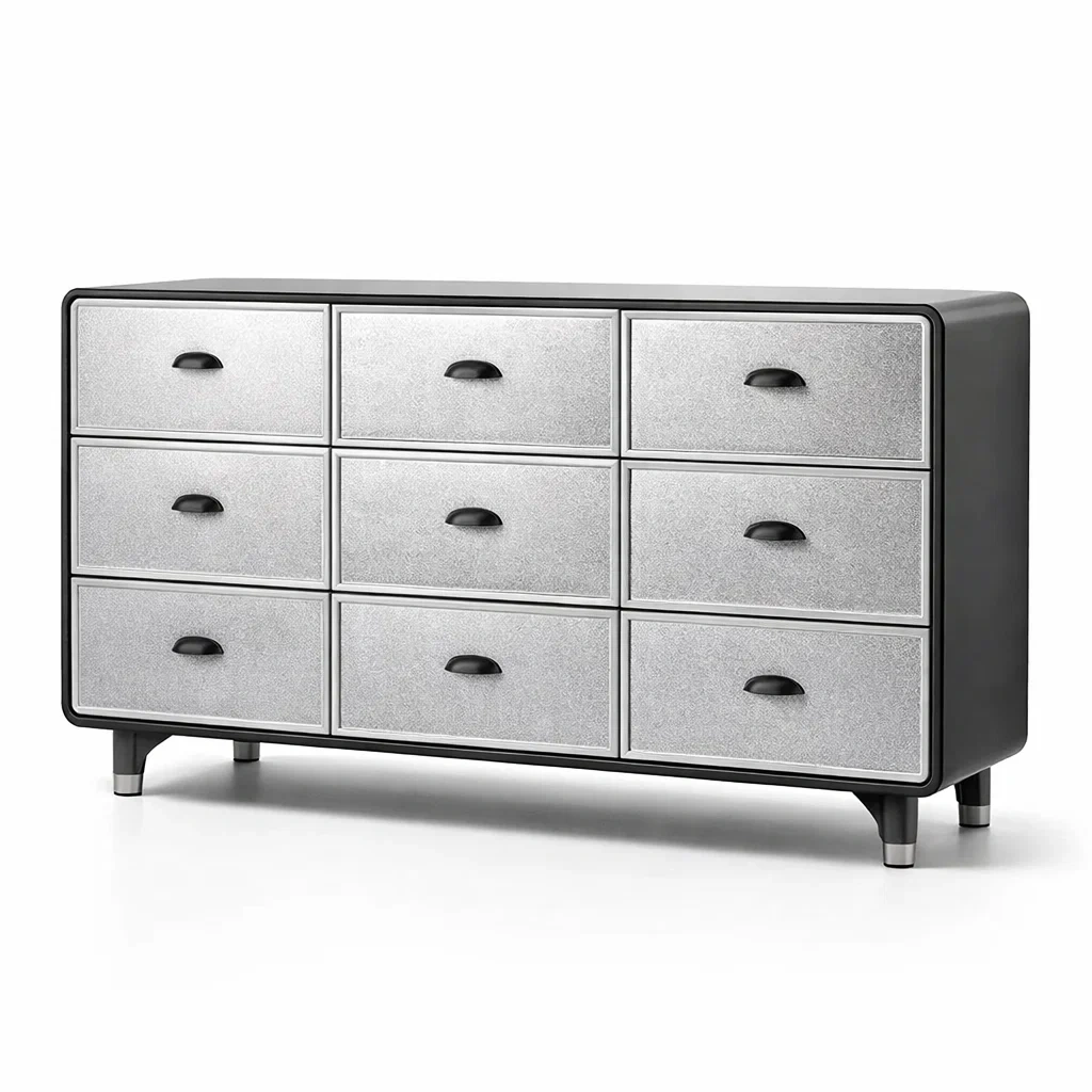 Commode en bois MDF et métal noir et gris avec 9 tiroirs-livoraehome