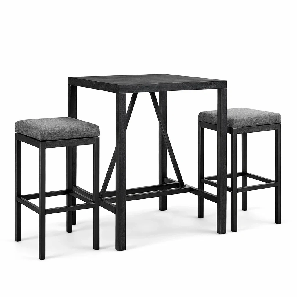 Ensemble de bar en bois et métal avec deux tabourets noir gris-livoraehome