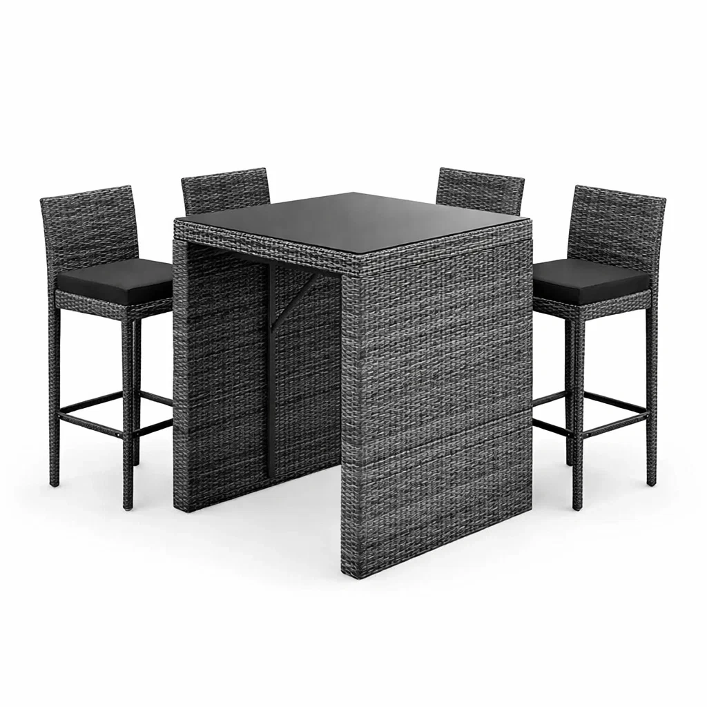 Ensemble de bar en résine tressée avec table et quatre chaises en acier et verre noir-livoraehome