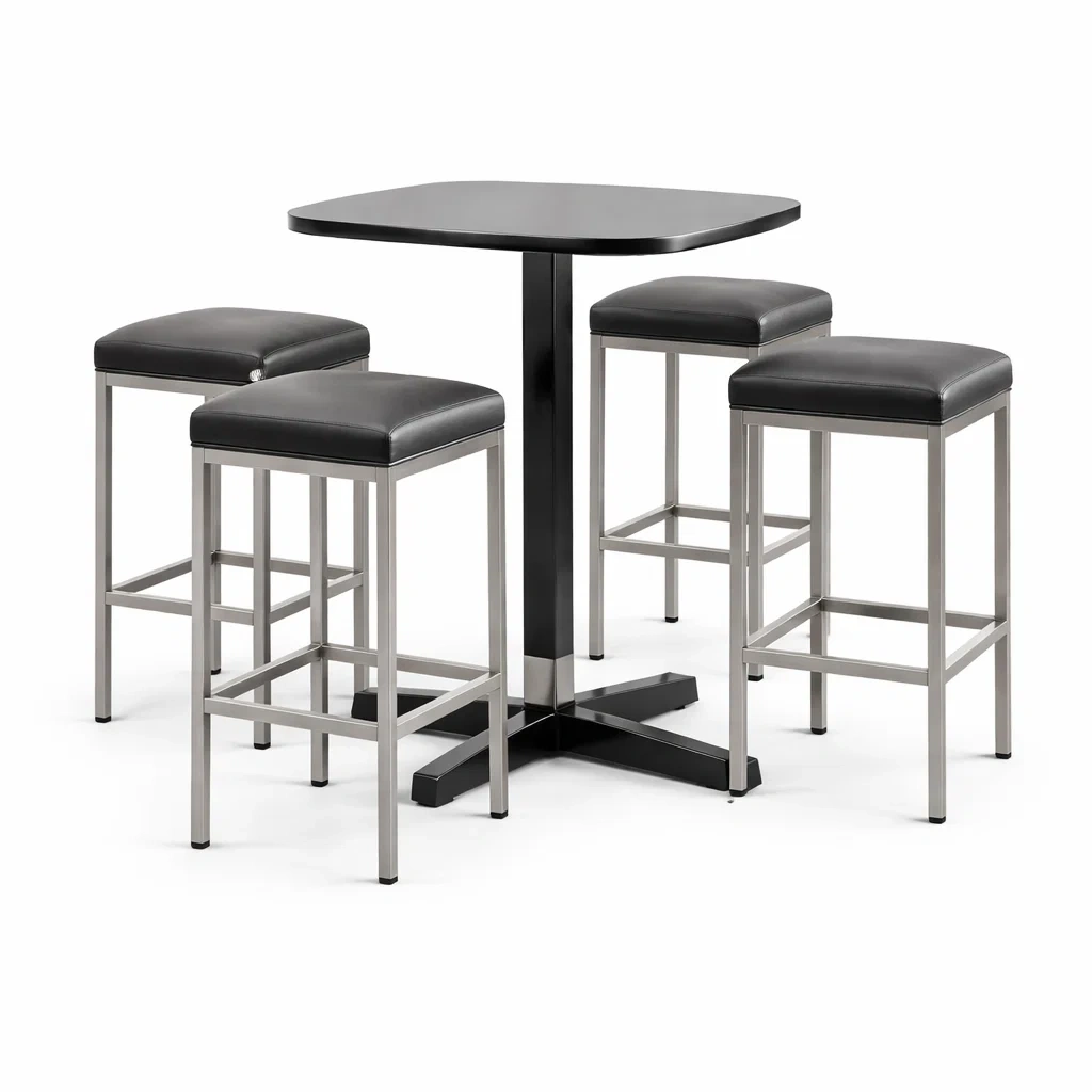 Ensemble de bar en bois et acier inoxydable avec quatre tabourets en similicuir noir-livoraehome