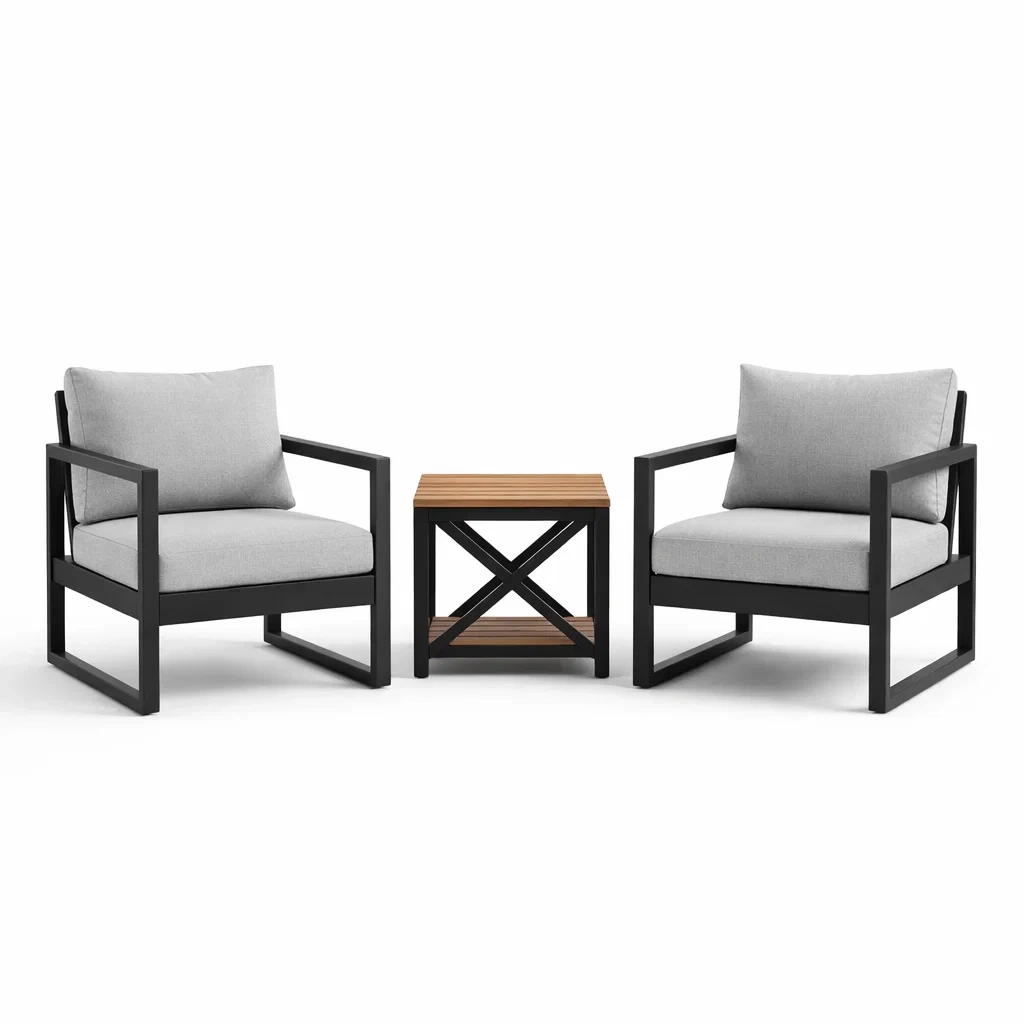 Ensemble de détente en métal et bois avec coussins gris-livoraehome