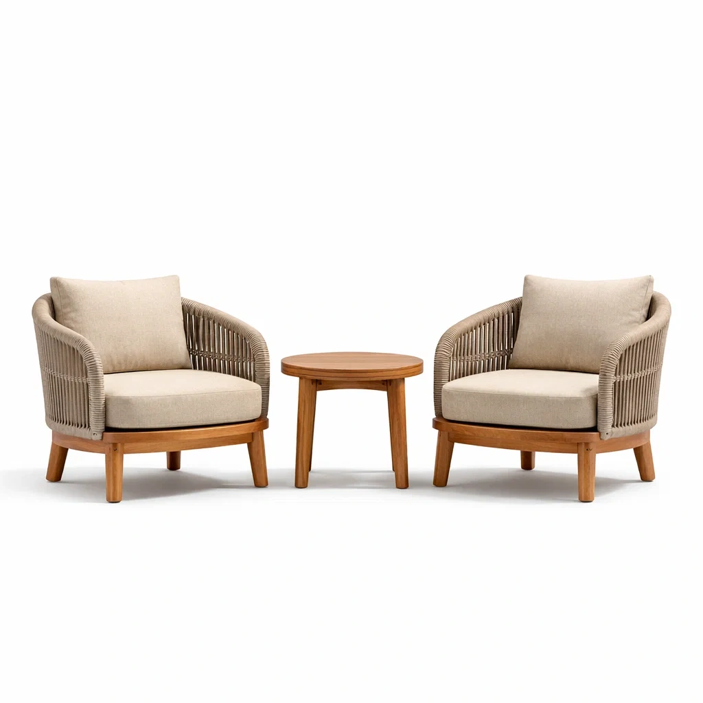 Ensemble de détente en bois et rotin synthétique beige-livoraehome