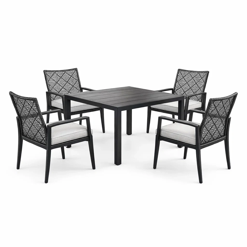 Ensemble de table et chaises en aluminium noir avec 4 chaises en corde synthétique-livoraehome