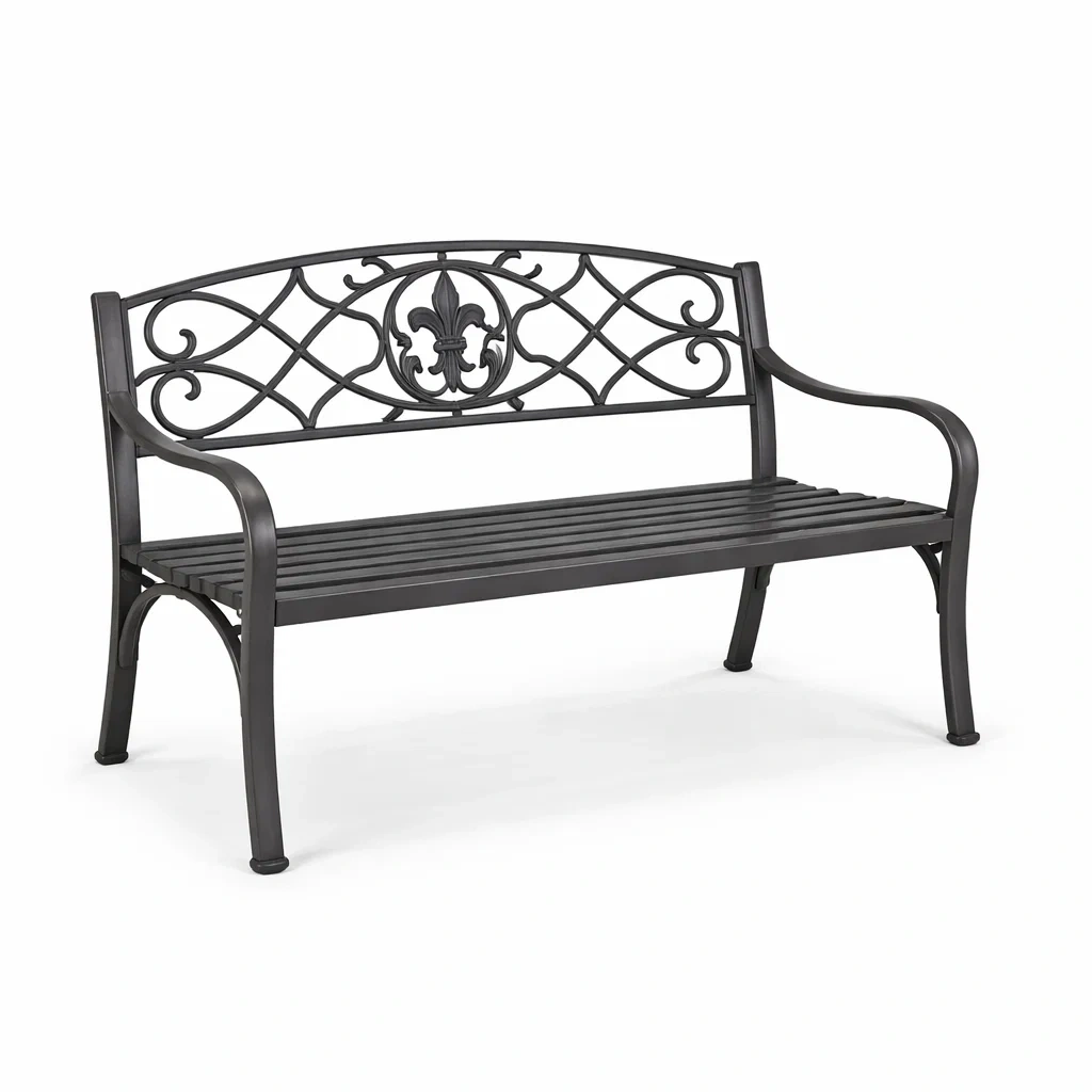 Banc de jardin en métal noir avec dossier décoratif-dwellparlor