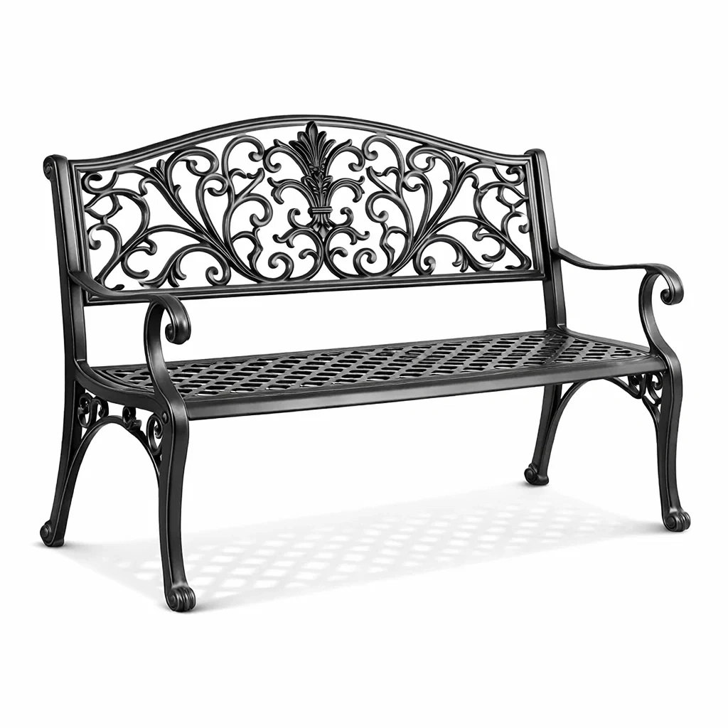 Banc de jardin en fonte noir avec motifs floraux-dwellparlor