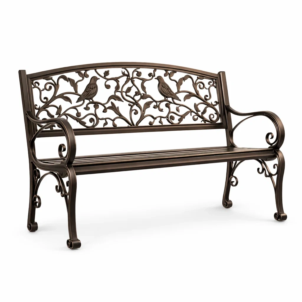 Banc de jardin en fer forgé avec motifs d'oiseaux-dwellparlor