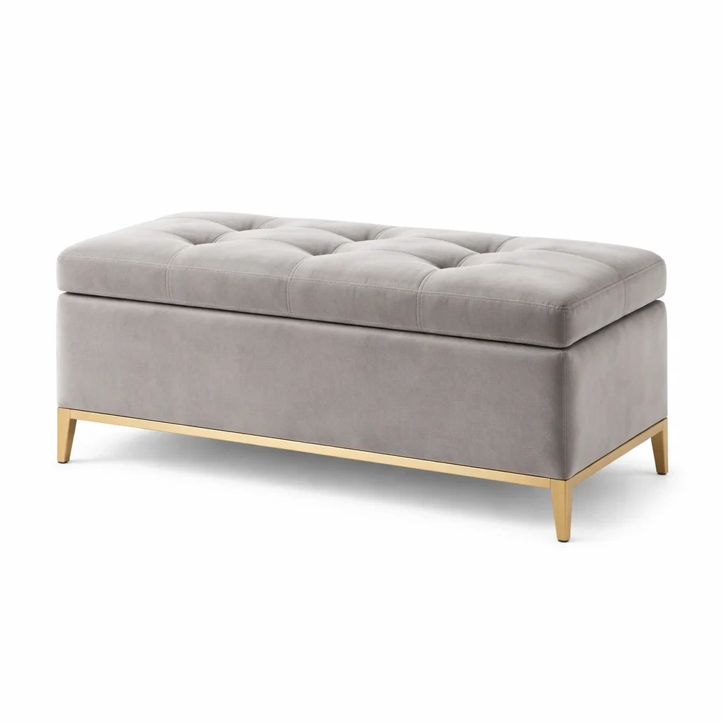 Banc de rangement en velours et métal gris-dwellparlor