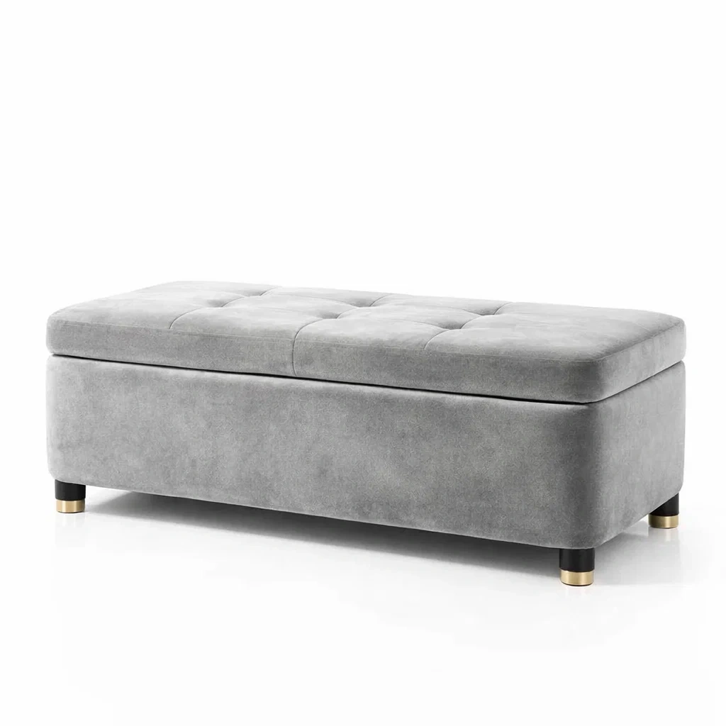Banc de rangement en velours gris avec pieds en métal-dwellparlor