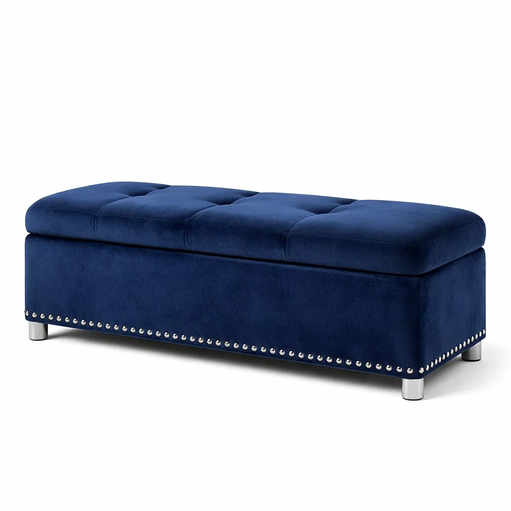 Banc de rangement en velours bleu avec pieds en métal-dwellparlor