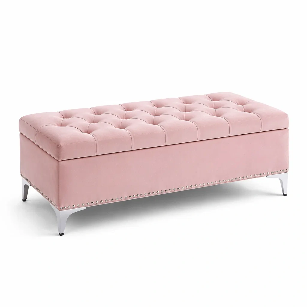 Banc de rangement en velours rose 120 x 45 x 45 cm-dwellparlor