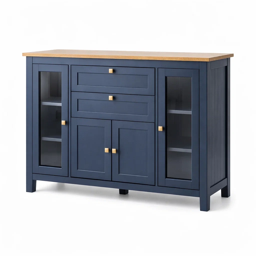 Buffet en bois MDF et verre bleu avec plateau en chêne 150 x 40 x 90 cm-dwellparlor