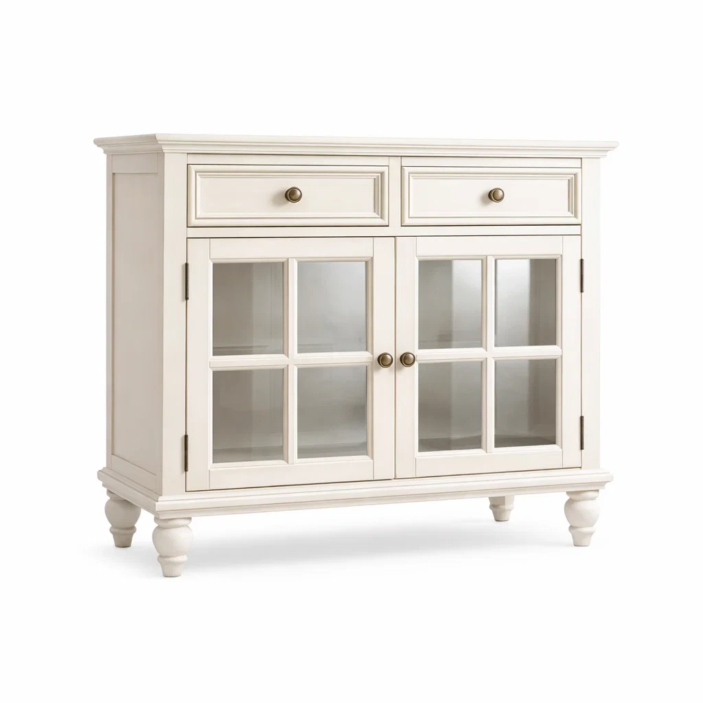 Buffet en bois avec portes en verre trempé et tiroirs blanc-dwellparlor