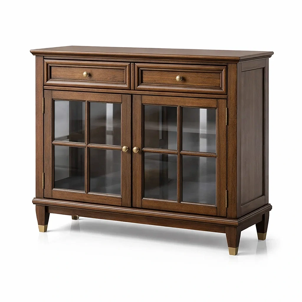 Buffet en bois avec portes en verre trempé et tiroirs marron-dwellparlor