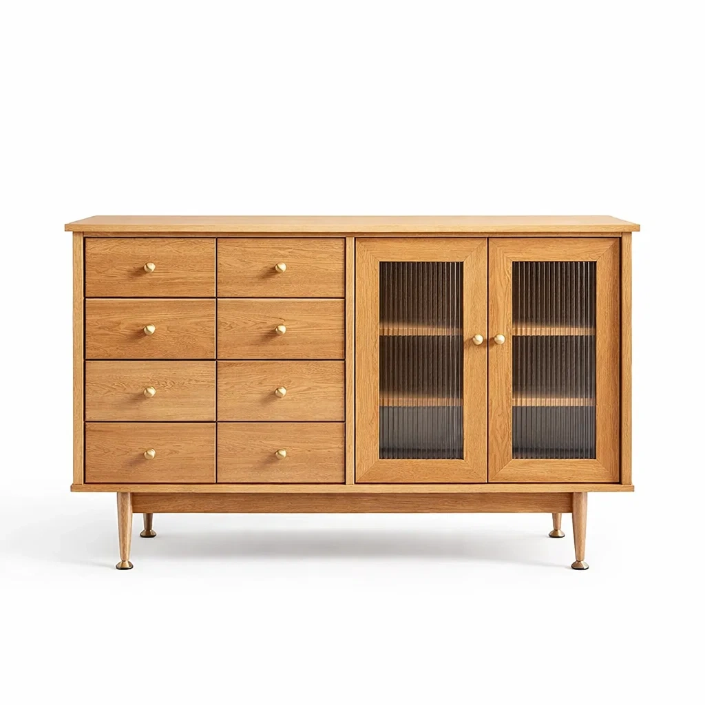 Buffet en bois massif avec tiroirs et portes en verre cannelé 150 x 45 x 85 cm-dwellparlor