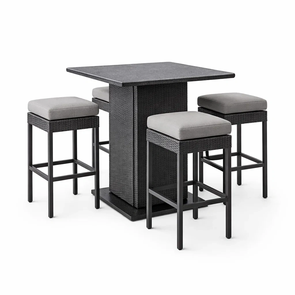 Ensemble de bar en métal et rotin synthétique gris avec table et tabourets-homevillae