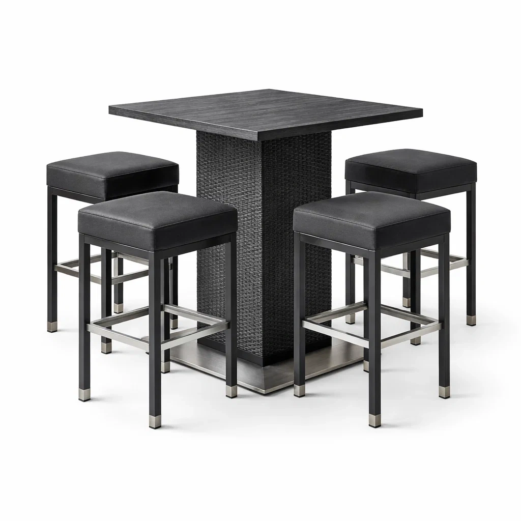 Ensemble de bar en métal et bois avec tabourets en similicuir noir-homevillae