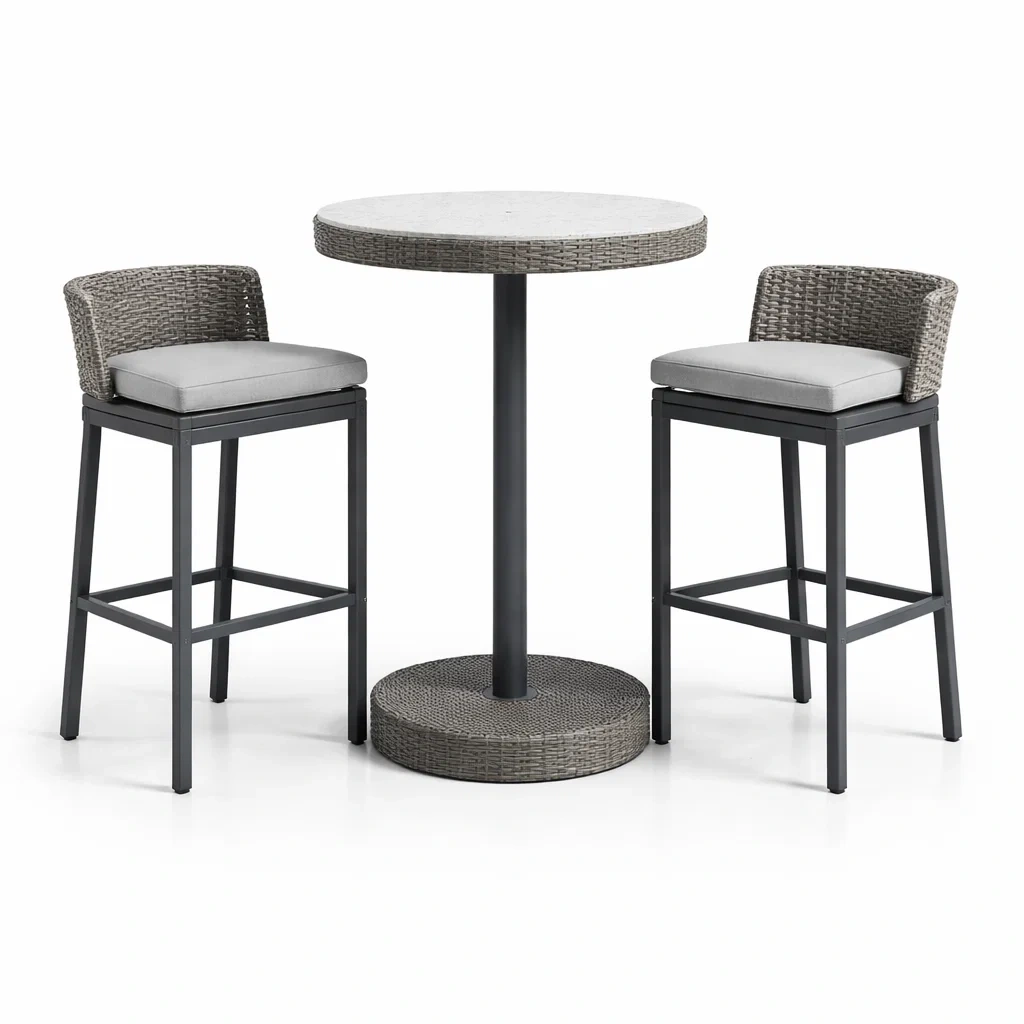 Ensemble de bar en résine tressée et aluminium gris avec deux tabourets coussinés-homevillae