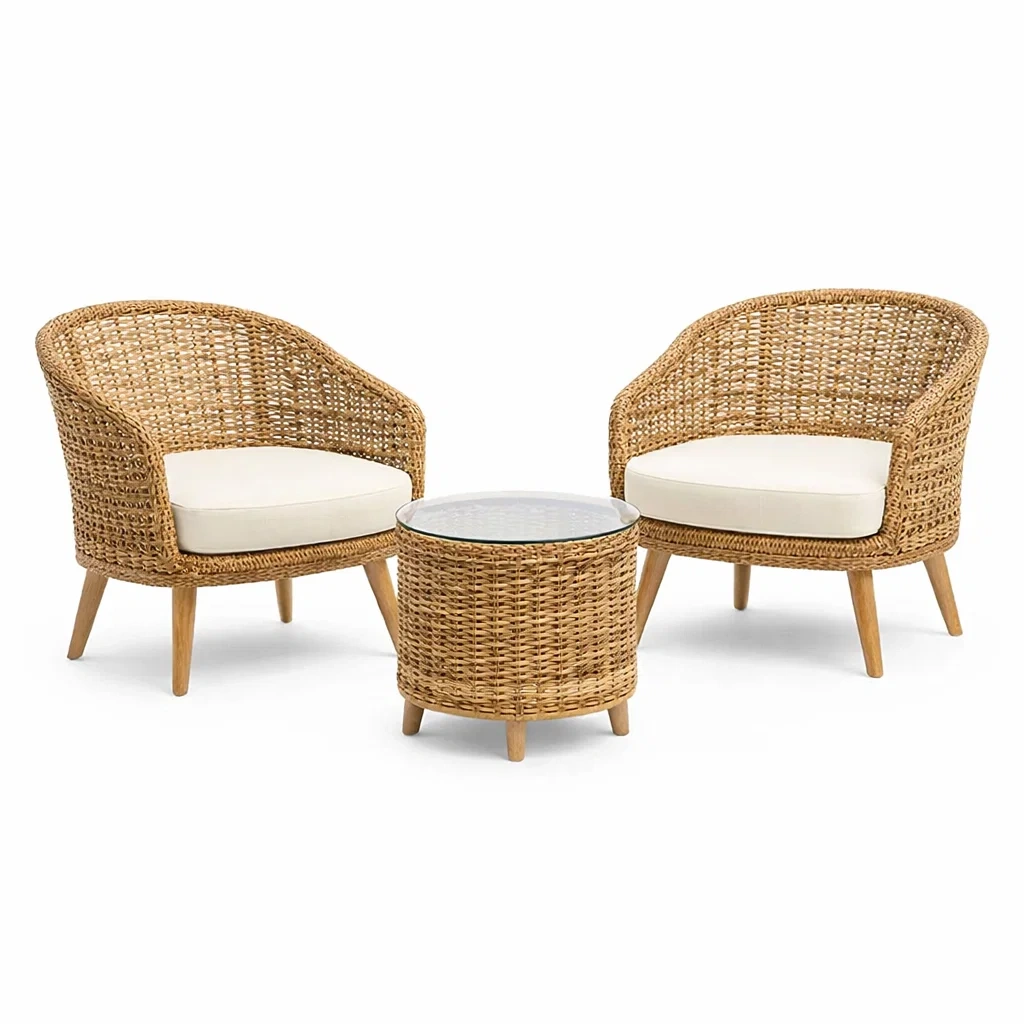 Ensemble de détente en osier avec coussins crème et table en verre trempé-homevillae