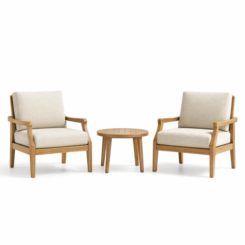 Ensemble de détente en bois de teck et tissu beige avec chaises et table-homevillae