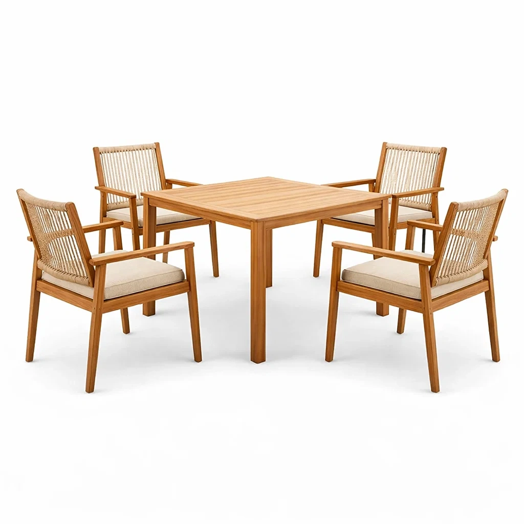 Ensemble de table et chaises en bois avec coussins beiges-homevillae