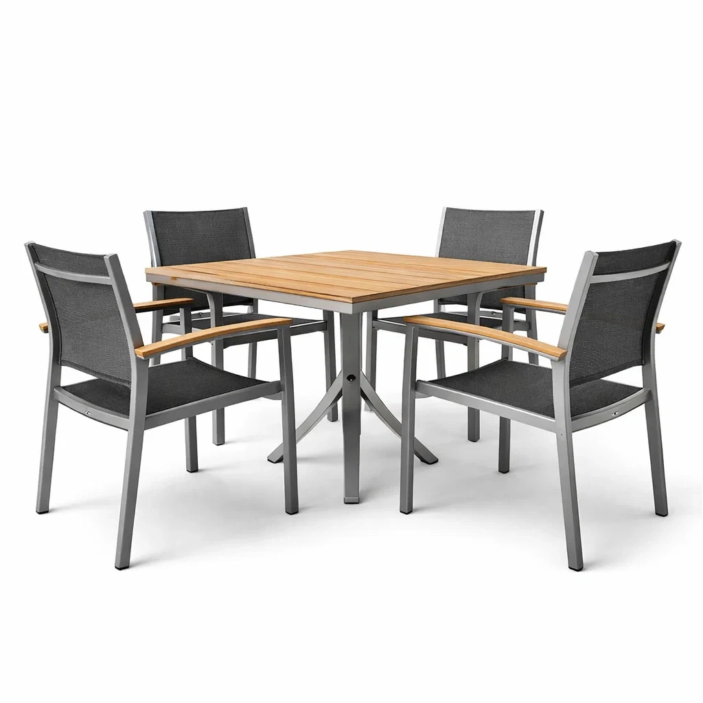 Ensemble de table et chaises en aluminium et bois avec 4 chaises en textilène-homevillae