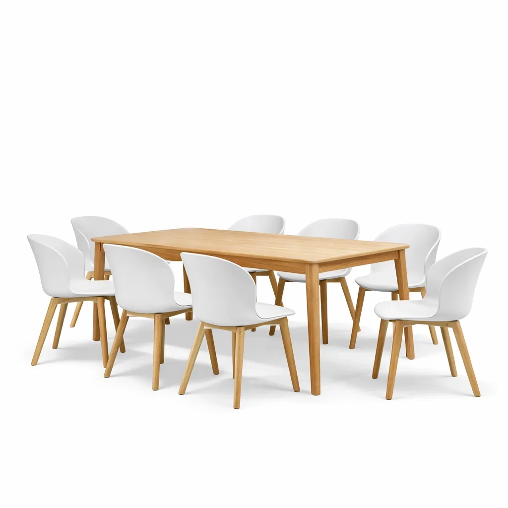 Ensemble de table et chaises en bois massif avec 8 chaises en plastique blanc-homevillae